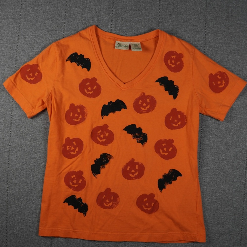 Vintage St Johns Bay Halloween Womens Medium T Shirt Orange Pumpkin Bat V Neck‎